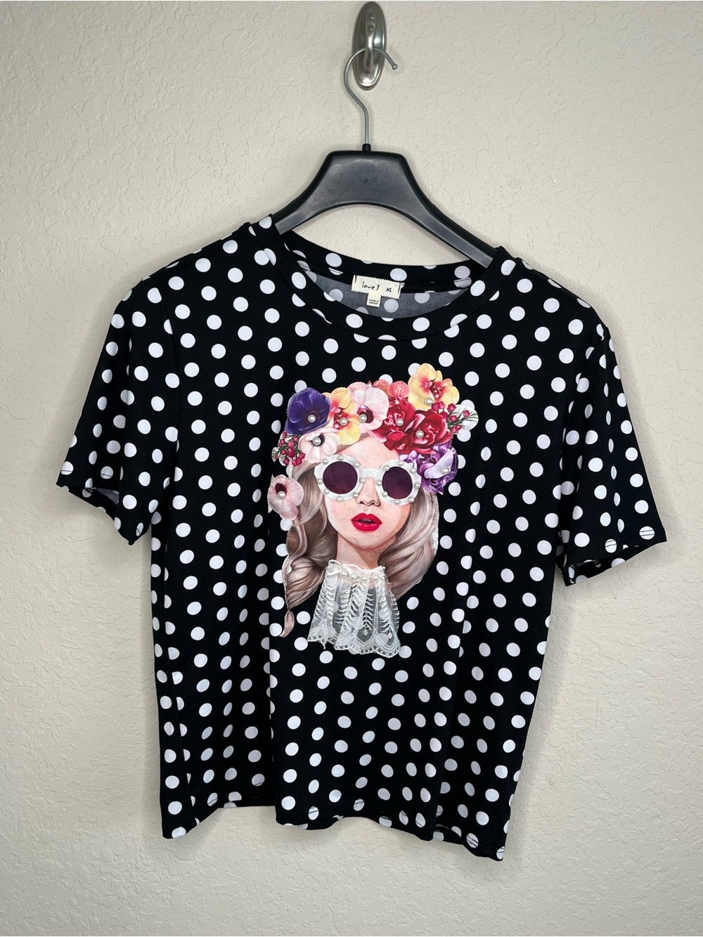 love J Black & White Polka Dot Tee with Floral Portrait